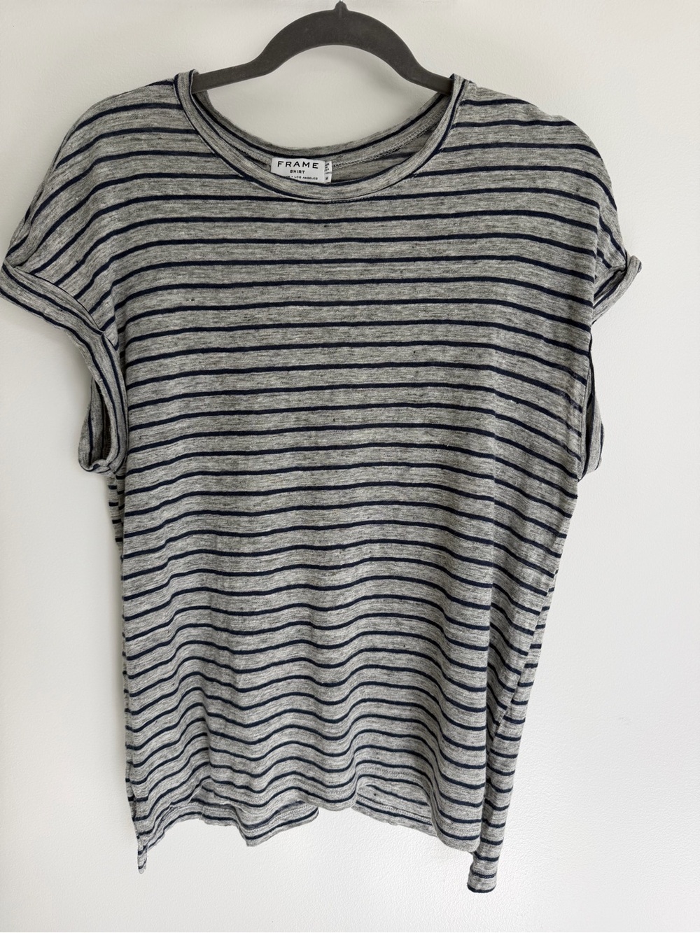 FRAME Striped 100% Linen Tee in Gray and Navy